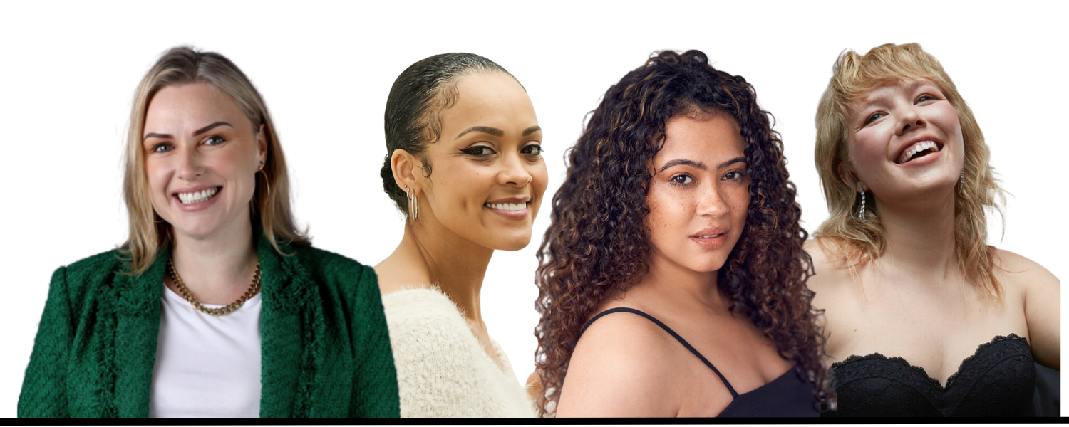 The Speakers Four women smiling side-by-side in cutout headshots. From left to right: Laura Winson in a green blazer, Charlotte Marian Pearson in an ivory jumper, Natalie Amber Freegard in a black strappy top, and Emma Lines with short blonde hair wearing a black bande