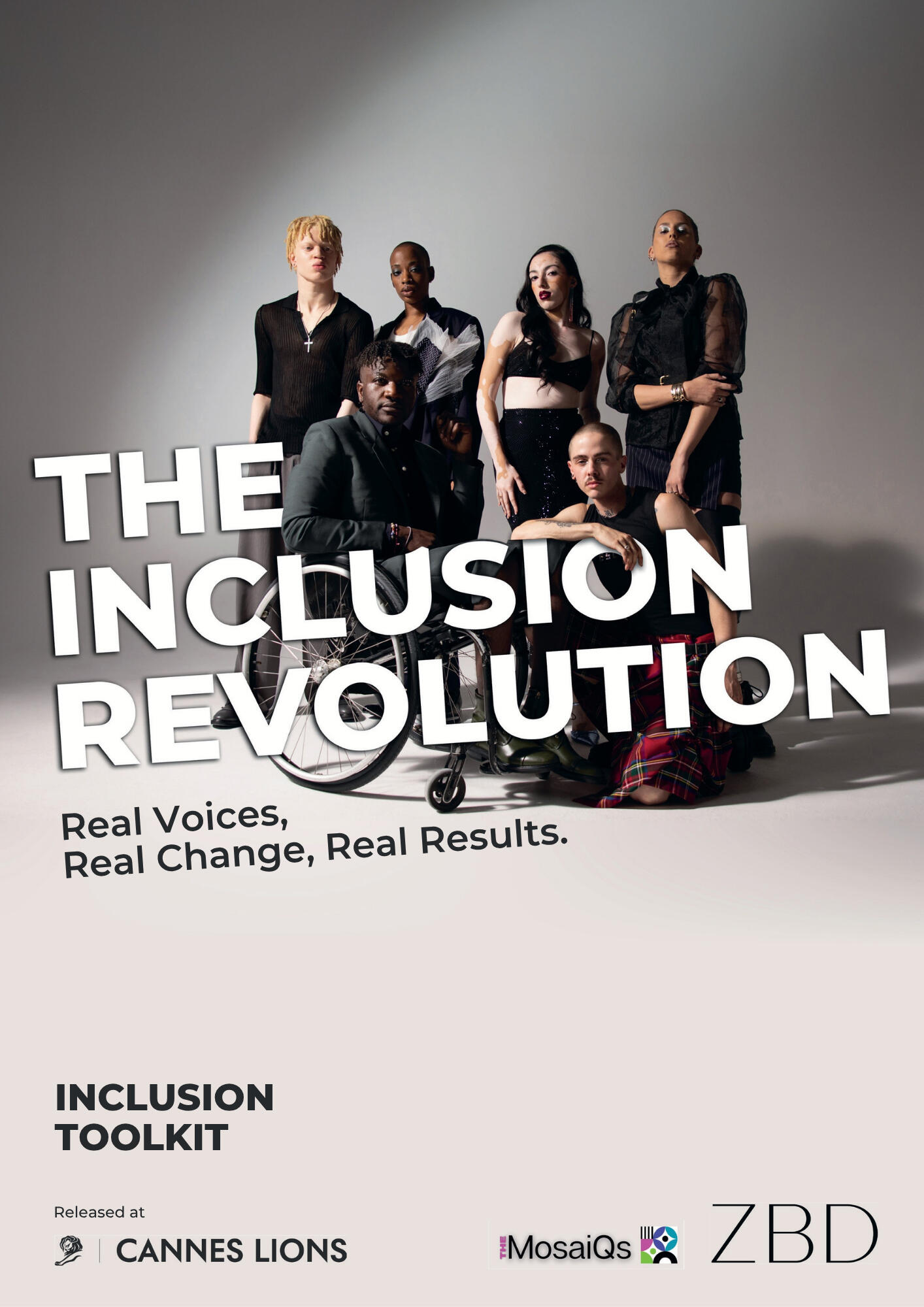 A bold promotional image for 'The Inclusion Revolution' session at Cannes Lions 2025. Six diverse models pose confidently against a neutral studio background, dressed in black. One model sits in a wheelchair, others stand or kneel beside him. The title “TH